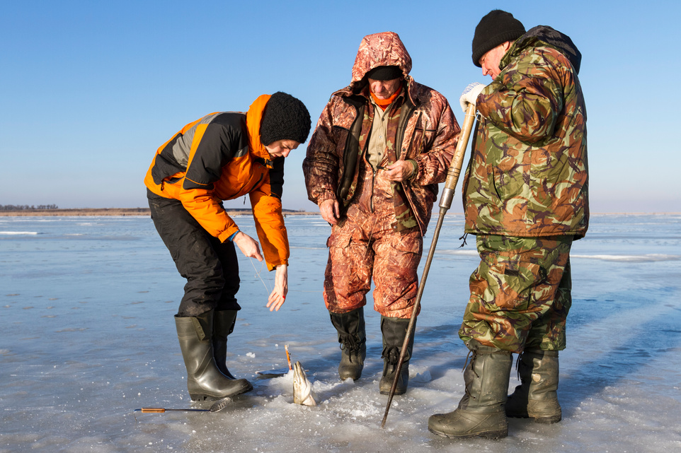 Winter fishing, ice fishing on the lake.
